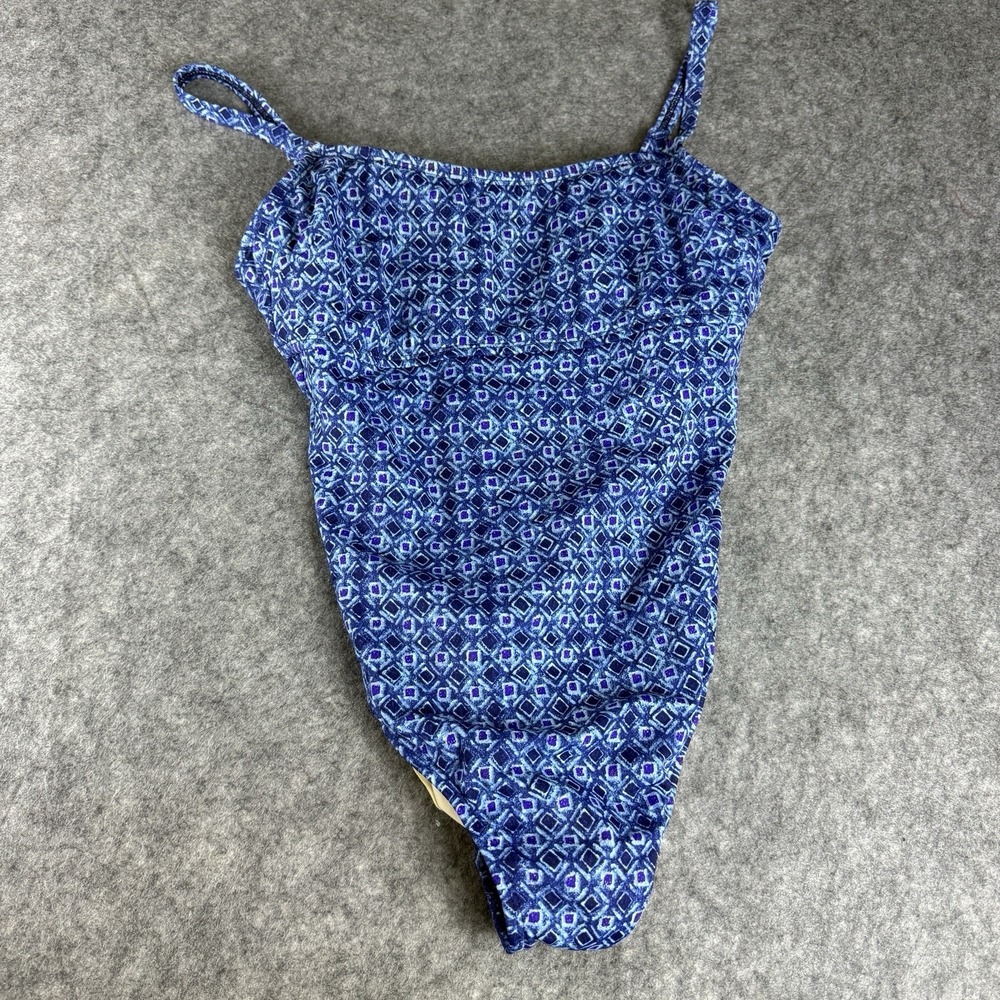 Lands' End Size 14 One Piece Swimsuit Square Neck Blue Purple Geometric Pattern
